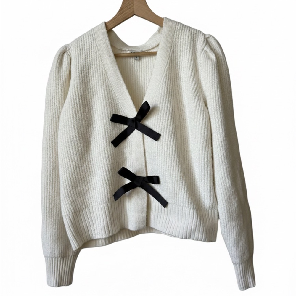 NWT White Ribbed Knit Cardigan Sweater Black Bows Size M Coquette Aesthetic